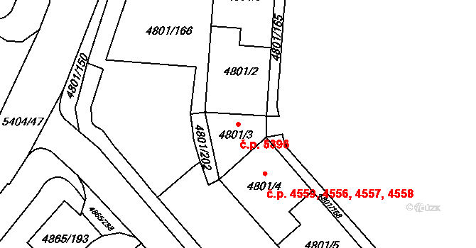 Chomutov 5396 na parcele st. 4801/3 v KÚ Chomutov I, Katastrální mapa