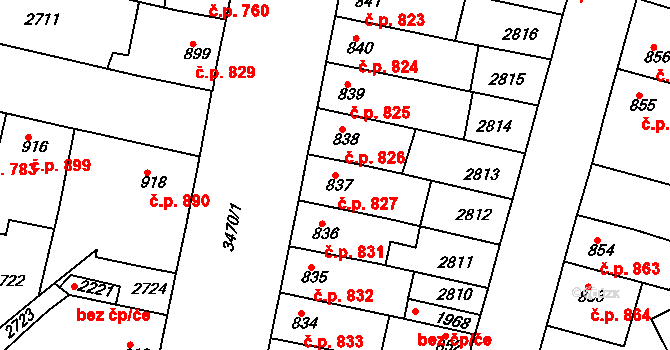 Rosice 827 na parcele st. 837 v KÚ Rosice u Brna, Katastrální mapa