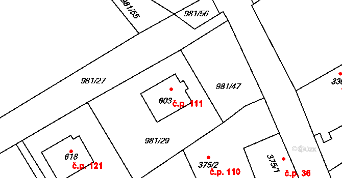 Bělušice 111 na parcele st. 603 v KÚ Bělušice, Katastrální mapa