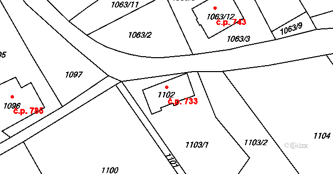 Šluknov 733 na parcele st. 1102 v KÚ Šluknov, Katastrální mapa
