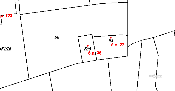 Svinaře 36 na parcele st. 589 v KÚ Svinaře, Katastrální mapa