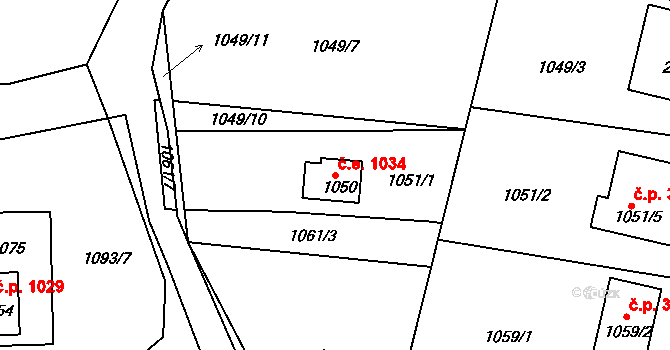 Zruč nad Sázavou 1034 na parcele st. 1050 v KÚ Zruč nad Sázavou, Katastrální mapa