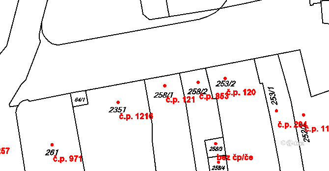 Malenovice 121, Zlín na parcele st. 258/1 v KÚ Malenovice u Zlína, Katastrální mapa