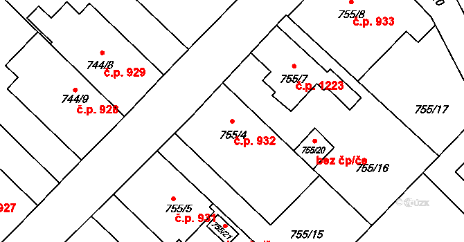 Hlučín 932 na parcele st. 755/4 v KÚ Hlučín, Katastrální mapa