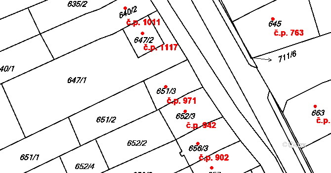 Nivnice 971 na parcele st. 651/3 v KÚ Nivnice, Katastrální mapa