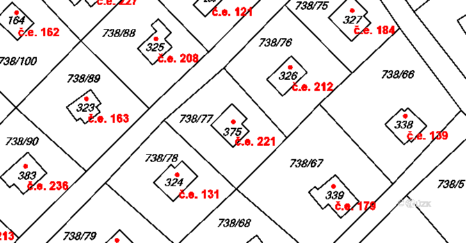 Vlkančice 221 na parcele st. 375 v KÚ Vlkančice, Katastrální mapa