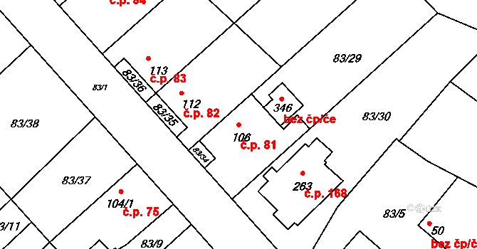 Jiřice 81, Kostelec nad Labem na parcele st. 106 v KÚ Jiřice u Kostelce nad Labem, Katastrální mapa