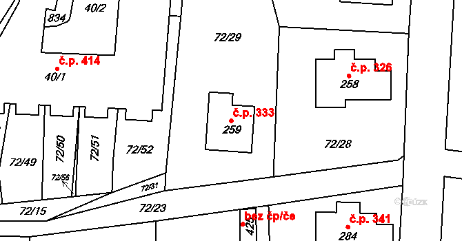 Tuchoměřice 333 na parcele st. 259 v KÚ Tuchoměřice, Katastrální mapa