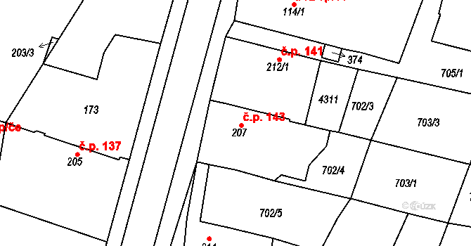 Přehýšov 143 na parcele st. 207 v KÚ Přehýšov, Katastrální mapa