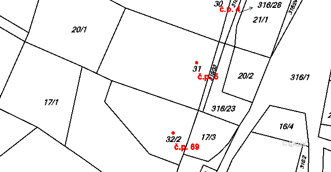 Housko 5, Vysočany na parcele st. 31 v KÚ Housko, Katastrální mapa