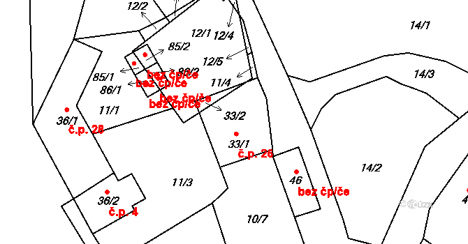 Putkov 26, Zdíkov na parcele st. 33/1 v KÚ Putkov, Katastrální mapa