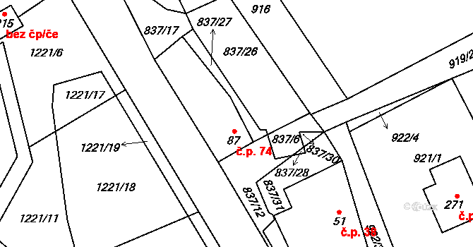 Dlouhá Ves 74 na parcele st. 87 v KÚ Dlouhá Ves u Havlíčkova Brodu, Katastrální mapa