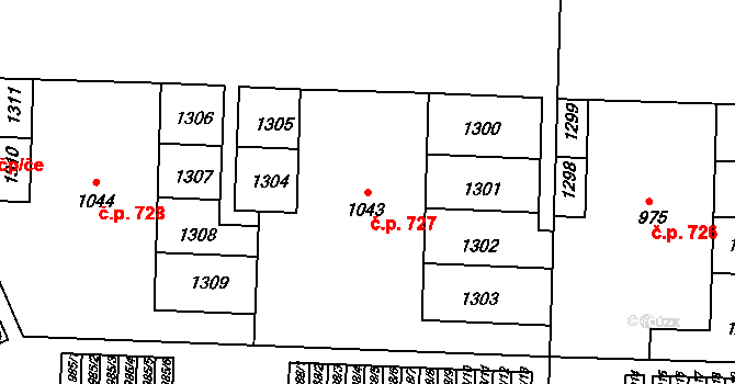 Chýně 727 na parcele st. 1043 v KÚ Chýně, Katastrální mapa