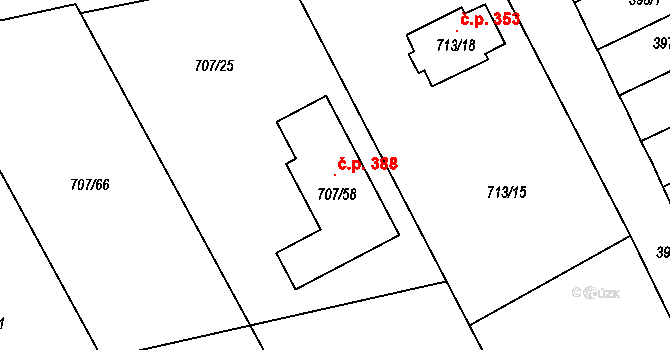 Černé Budy 388, Sázava na parcele st. 707/58 v KÚ Černé Budy, Katastrální mapa