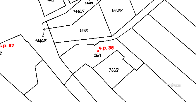 Chvalnov 35, Chvalnov-Lísky na parcele st. 50/1 v KÚ Chvalnov, Katastrální mapa