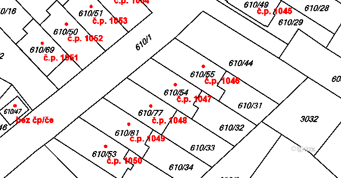 Sadská 1047 na parcele st. 610/54 v KÚ Sadská, Katastrální mapa