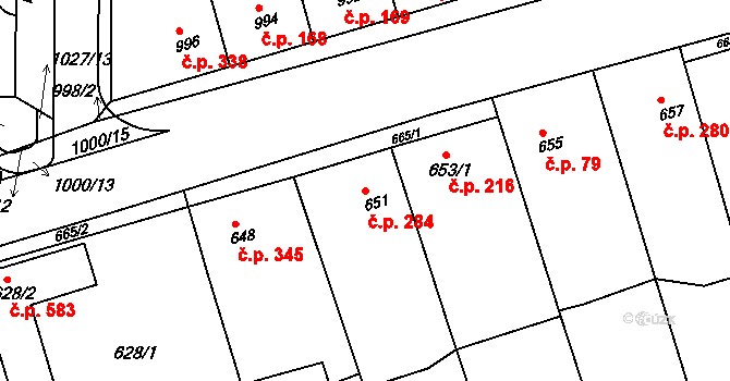 Žabčice 284 na parcele st. 651 v KÚ Žabčice, Katastrální mapa