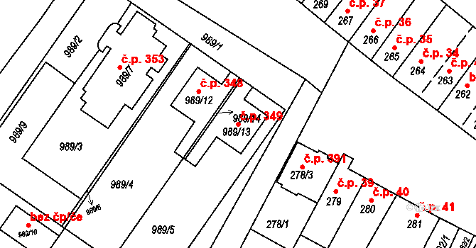 Šaratice 349 na parcele st. 989/13 v KÚ Šaratice, Katastrální mapa