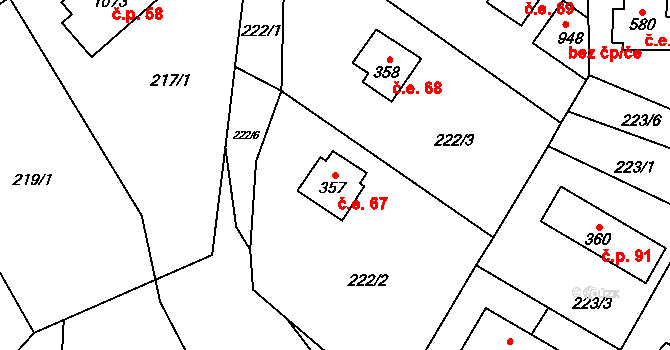 Javorník 67, Čtyřkoly na parcele st. 357 v KÚ Čtyřkoly, Katastrální mapa