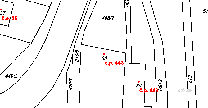 Velká Kraš 443 na parcele st. 33 v KÚ Malá Kraš, Katastrální mapa