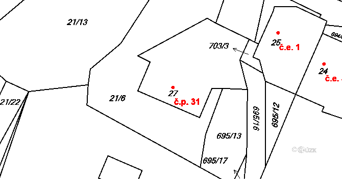 Úšava 31, Staré Sedliště na parcele st. 27 v KÚ Úšava, Katastrální mapa