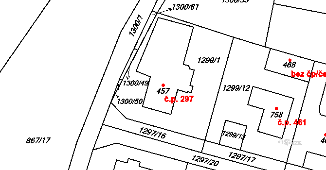 Hudlice 297 na parcele st. 457 v KÚ Hudlice, Katastrální mapa