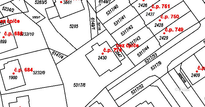 Horní Předměstí 774, Polička na parcele st. 2430 v KÚ Polička, Katastrální mapa