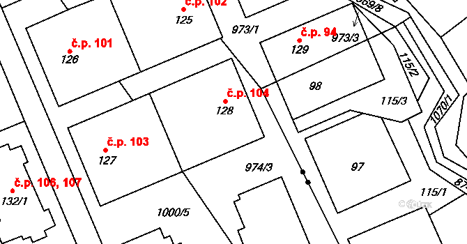 Křešice 104 na parcele st. 128 v KÚ Křešice u Litoměřic, Katastrální mapa