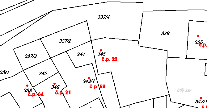 Tatce 22 na parcele st. 345 v KÚ Tatce, Katastrální mapa