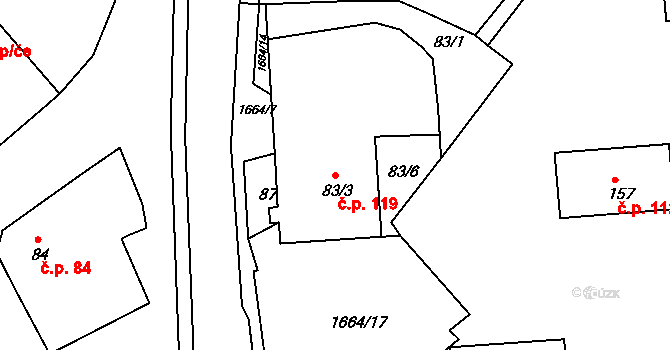 Měrunice 119 na parcele st. 83/3 v KÚ Měrunice, Katastrální mapa