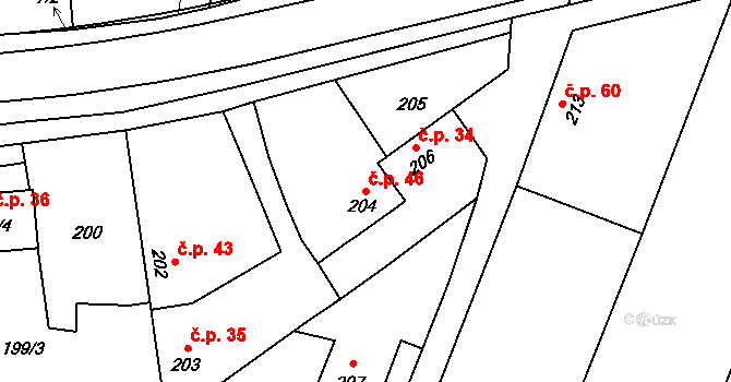 Tři Dvory 46, Litovel na parcele st. 204 v KÚ Tři Dvory u Litovle, Katastrální mapa