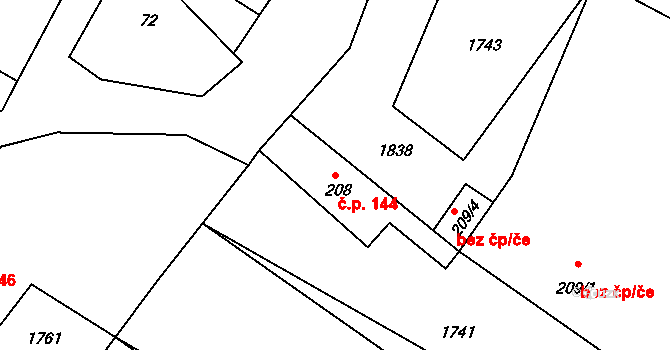 Povlčín 144, Milostín na parcele st. 208 v KÚ Milostín, Katastrální mapa