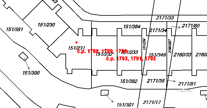 Stodůlky 1791,1792,1793, Praha na parcele st. 151/232 v KÚ Stodůlky, Katastrální mapa