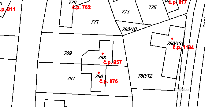 Kbely 857, Praha na parcele st. 768 v KÚ Kbely, Katastrální mapa
