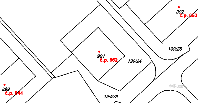 Sezimovo Ústí 662 na parcele st. 901 v KÚ Sezimovo Ústí, Katastrální mapa