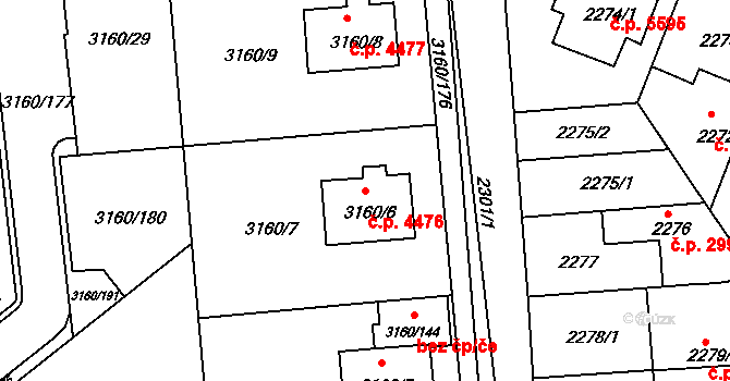 Chomutov 4476 na parcele st. 3160/6 v KÚ Chomutov II, Katastrální mapa