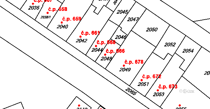 Újezd u Brna 666 na parcele st. 2048 v KÚ Újezd u Brna, Katastrální mapa