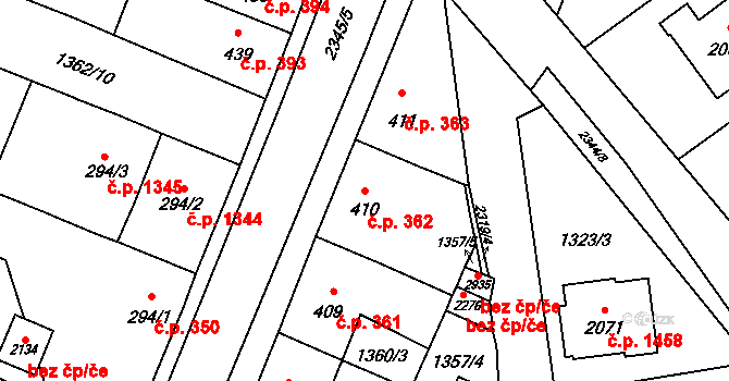 Kateřinky 362, Opava na parcele st. 410 v KÚ Kateřinky u Opavy, Katastrální mapa