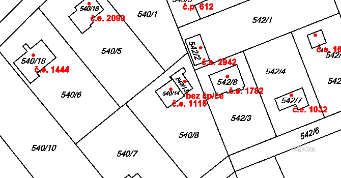 Doudlevce 1115, Plzeň na parcele st. 540/14 v KÚ Doudlevce, Katastrální mapa