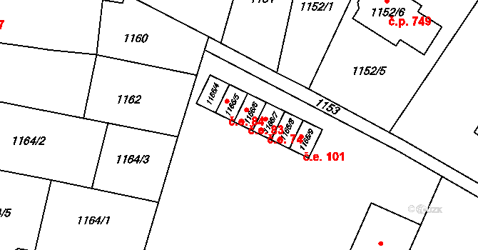 Pozořice 83 na parcele st. 1166/6 v KÚ Pozořice, Katastrální mapa