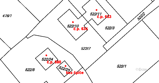 Chrást 634 na parcele st. 522/10 v KÚ Chrást u Plzně, Katastrální mapa