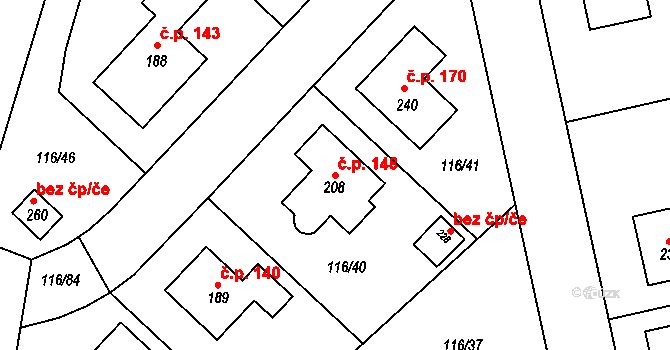 Škrovád 148, Slatiňany na parcele st. 208 v KÚ Škrovád, Katastrální mapa