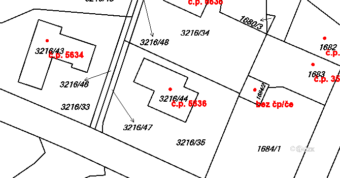 Chomutov 5636 na parcele st. 3216/44 v KÚ Chomutov II, Katastrální mapa