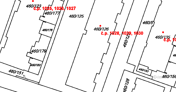 Modřice 1028,1029,1030 na parcele st. 460/126 v KÚ Modřice, Katastrální mapa