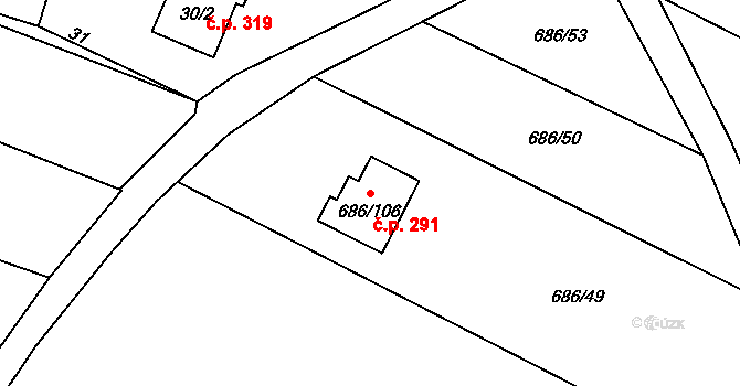 Suché Lazce 291, Opava na parcele st. 686/106 v KÚ Suché Lazce, Katastrální mapa
