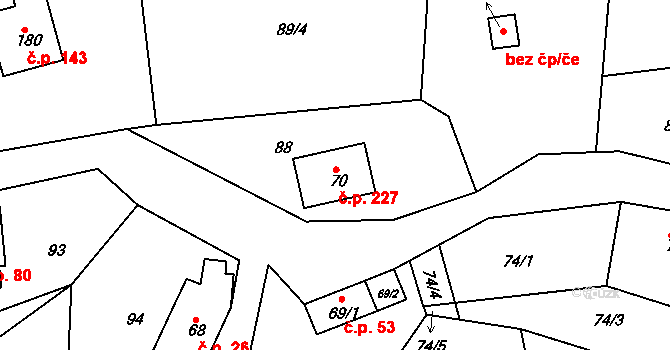 Mniší 227, Kopřivnice na parcele st. 70 v KÚ Mniší, Katastrální mapa