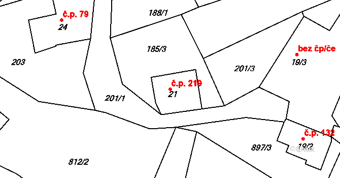 Suchý Důl 219 na parcele st. 21 v KÚ Suchý Důl, Katastrální mapa