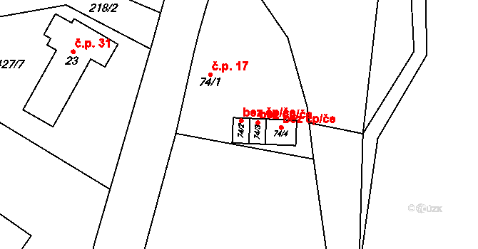 Ješetice 39356043 na parcele st. 74/2 v KÚ Ješetice, Katastrální mapa