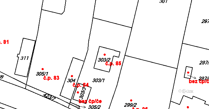 Zábřeh 85, Dolní Benešov na parcele st. 303/2 v KÚ Zábřeh u Hlučína, Katastrální mapa