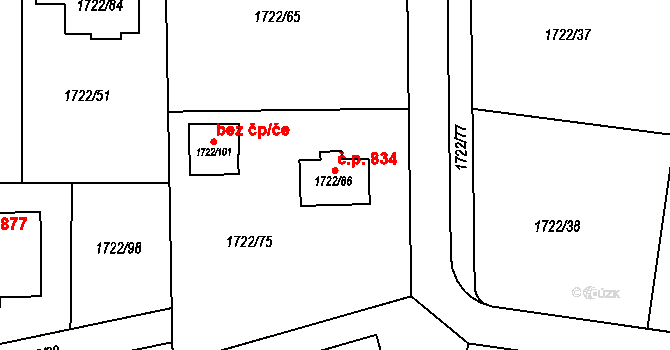 Miřetice u Klášterce nad Ohří 834, Klášterec nad Ohří na parcele st. 1722/86 v KÚ Miřetice u Klášterce nad Ohří, Katastrální mapa